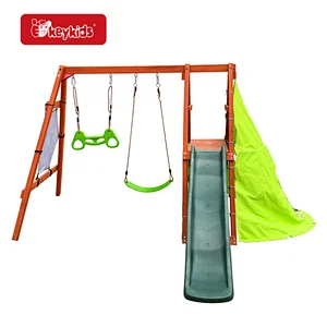 Kids Backyard Playground Equipment 3 in 1 Wooden Swing Set with Slide W01D278