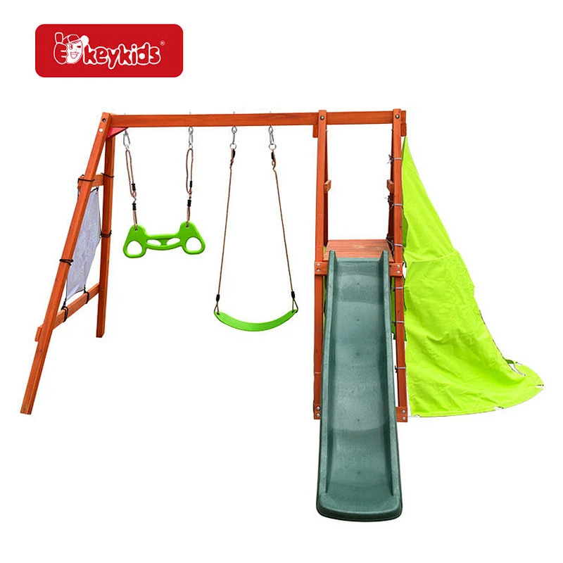 Kids Backyard Playground Equipment 3 in 1 Wooden Swing Set with Slide W01D278